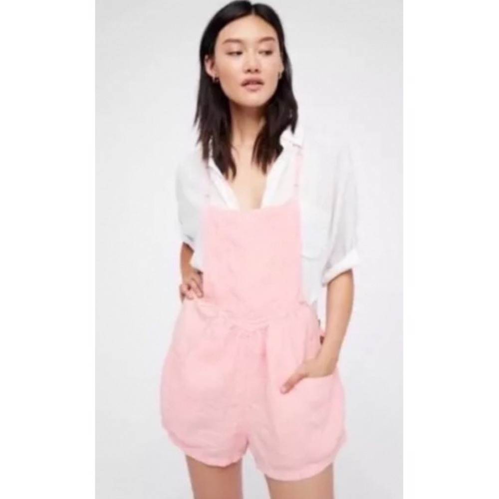 Free People Generation Utility Romper Pink Linen Overalls Size Small